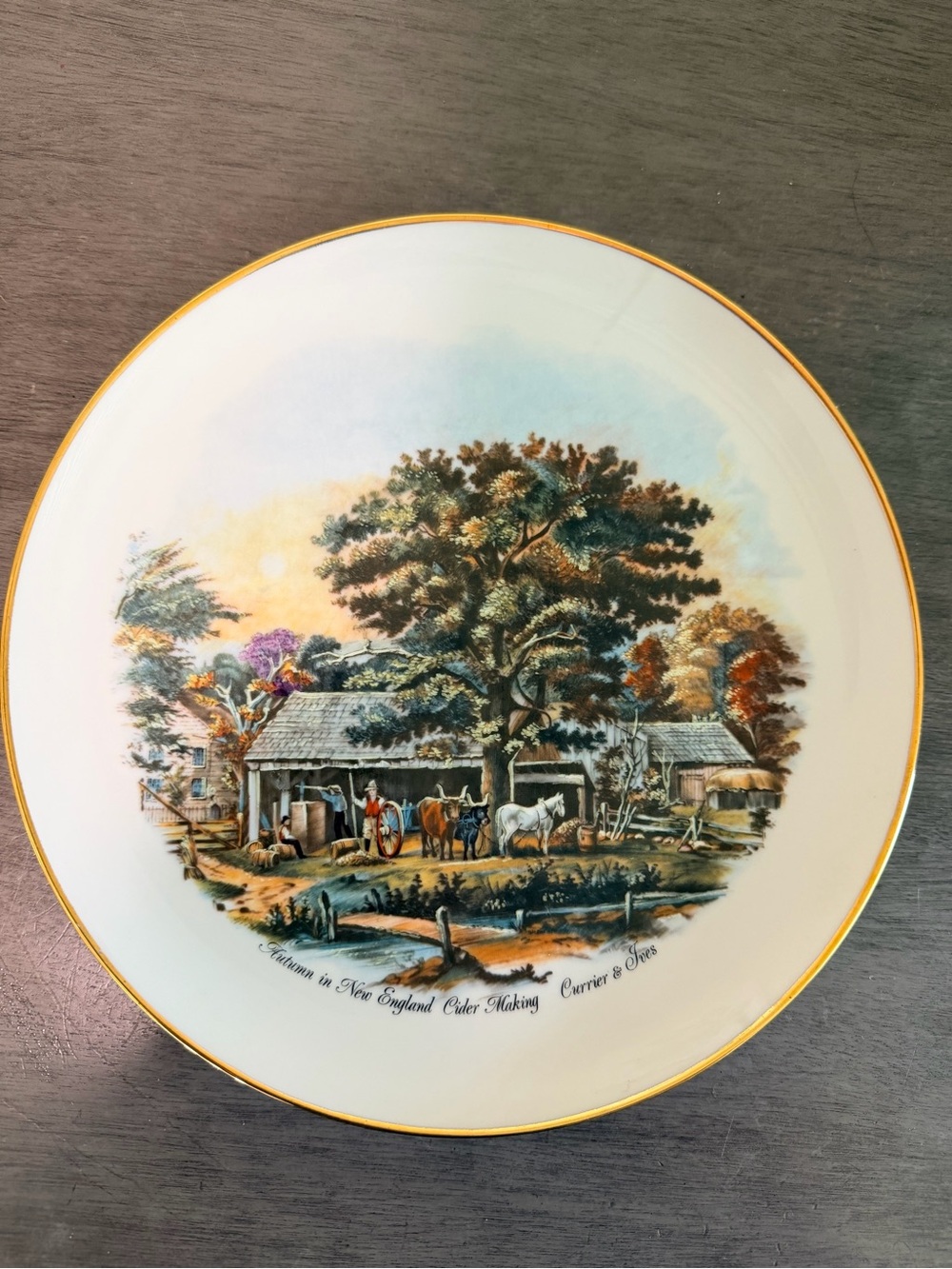 Currier & Ives - Autumn in New England Cider Making Porcelain Plate - Gold Rim
